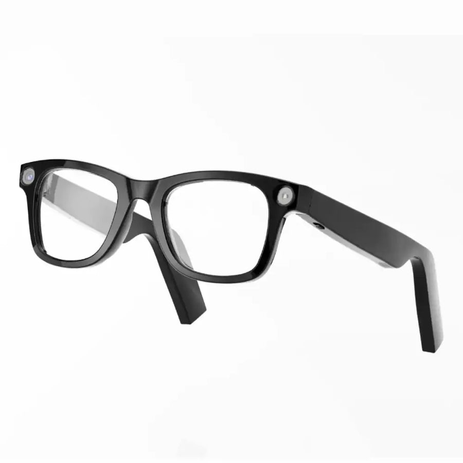 Black-framed rectangular glasses with sleek, modern design and subtle silver accents on the temples.