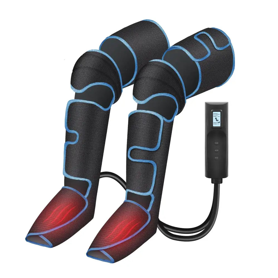 Black and blue heated leg massager with red glowing foot pads.