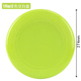 A bright lime green plastic frisbee with a smooth, glossy finish and concentric ridges along its edge.