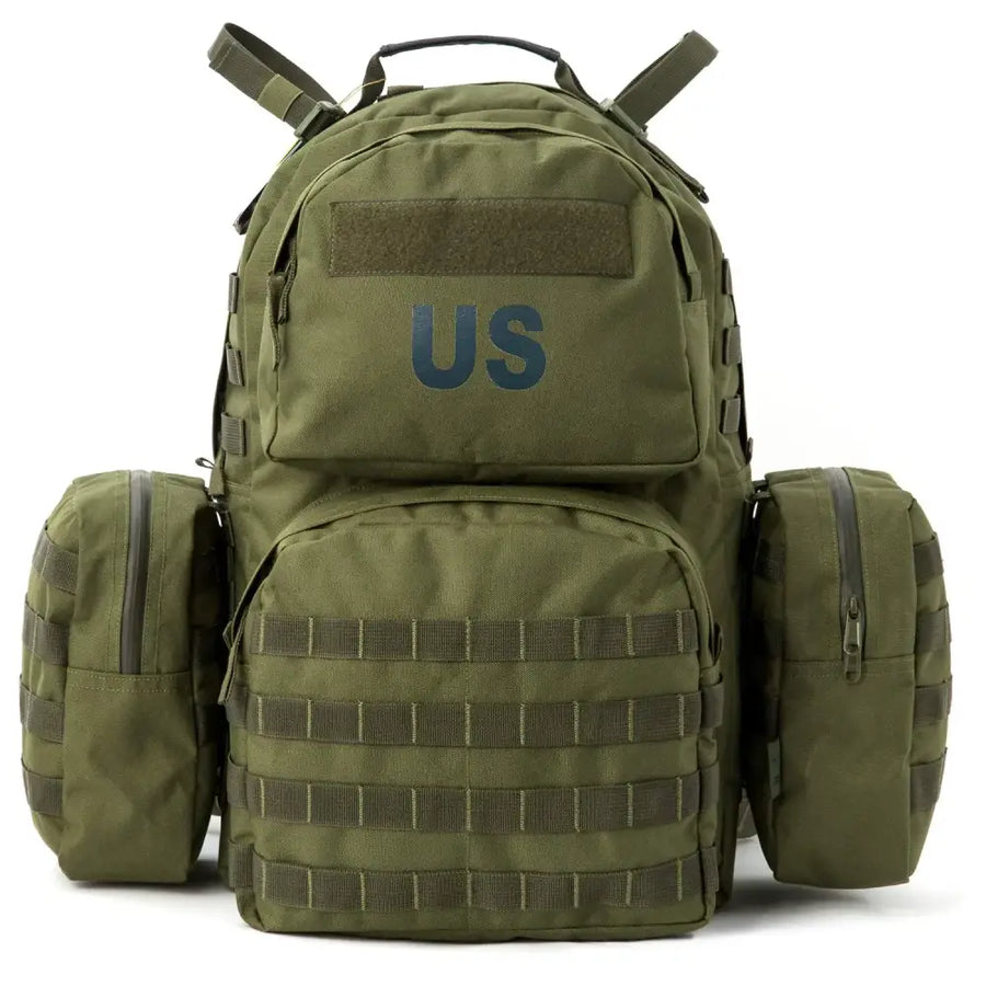 Olive green tactical backpack with ’us’ logo and molle webbing.