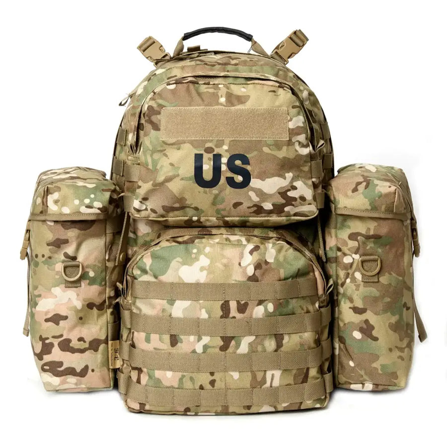 Multicam-patterned tactical backpack with ’us’ lettering and side pouches.