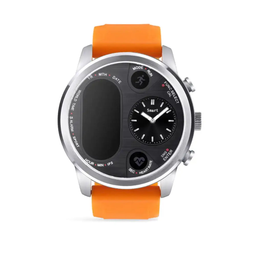 A sleek silver smartwatch with a vibrant orange silicone strap and a dual-display face featuring an analog sub-dial.