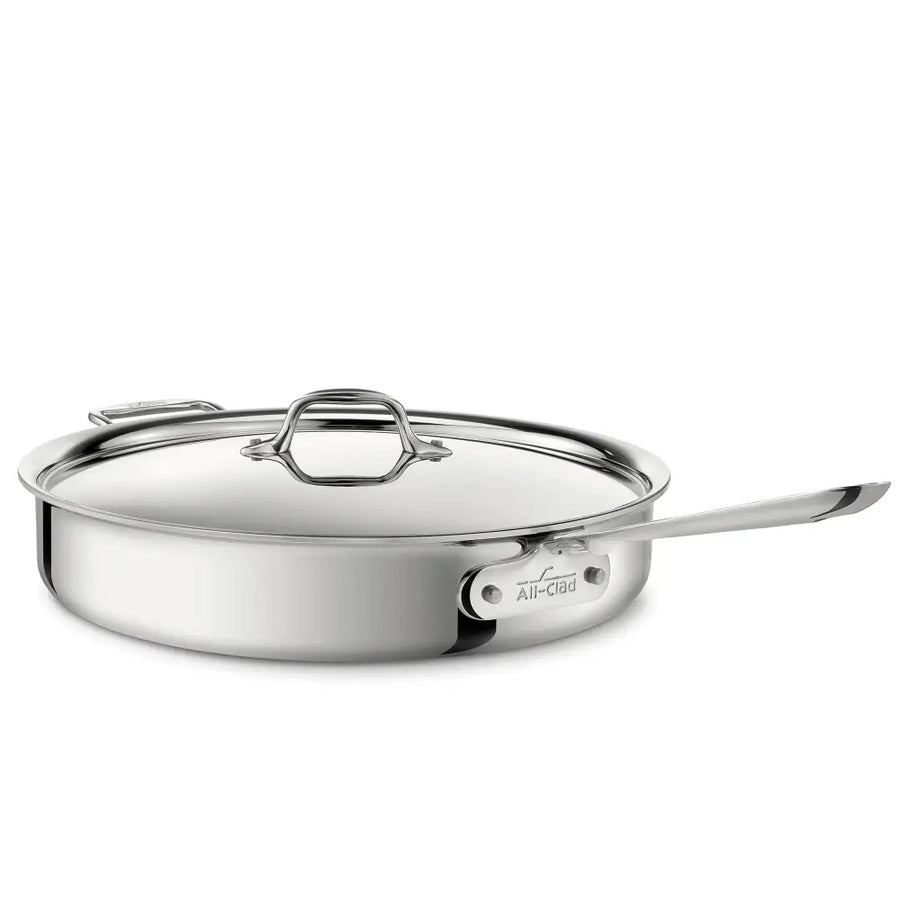 Silver stainless steel all-clad saucepan with a matching lid and a long, sleek handle.