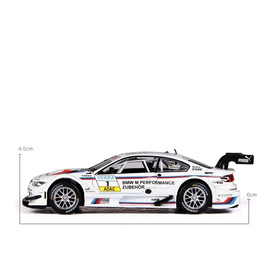 White bmw m4 dtm race car model with blue and red accents, featuring sponsor decals including puma on the rear wing.