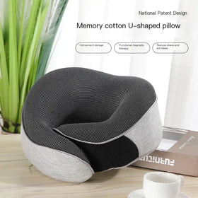 Black and gray memory cotton u-shaped pillow with a textured fabric cover.
