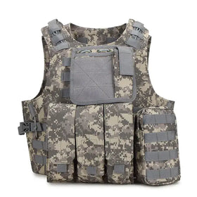 A tactical vest with a digital camouflage pattern in shades of gray and beige, featuring multiple pouches and adjustable straps.