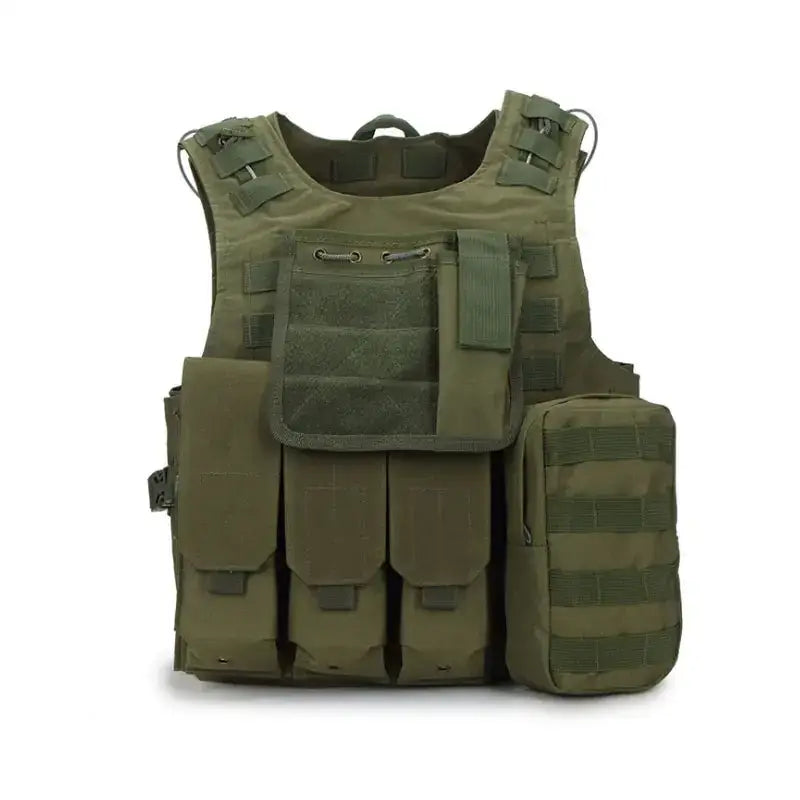 Olive green tactical vest with multiple pouches and molle webbing.