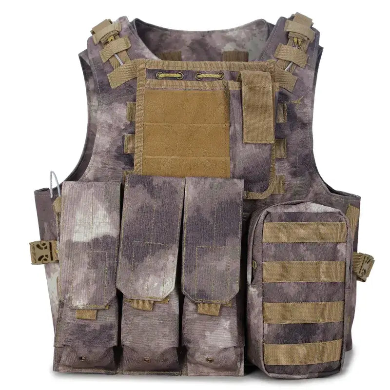 Tactical vest with a gray and tan camouflage pattern, featuring multiple pouches and adjustable straps.