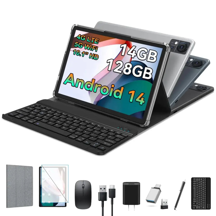 Black tablet with integrated keyboard and protective case, featuring 10.1-inch hd screen, android 14 os, 128gb storage, and supporting 5g wifi connectivity.
