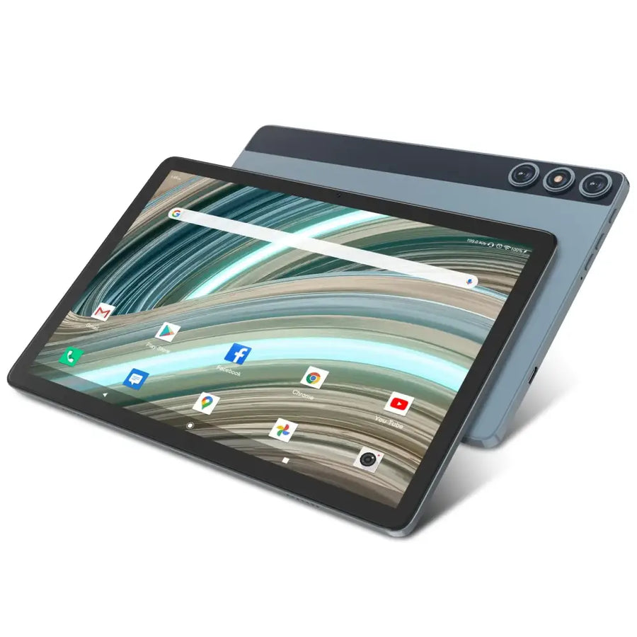 Gray samsung galaxy tab s7+ tablet with a sleek, slim profile and triple-camera array on the back.