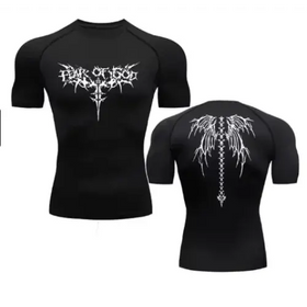 Black short-sleeved compression shirt featuring white gothic-style graphics on the front and back.