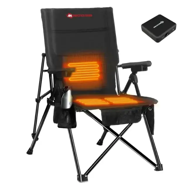 Black foldable camping chair with integrated orange heating elements on the seat and backrest, featuring a mesh storage pocket and armrests.