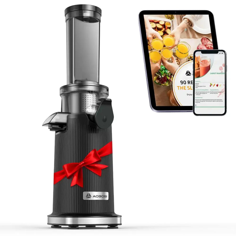 Black aobosi juicer with a sleek, ribbed body and silver accents.