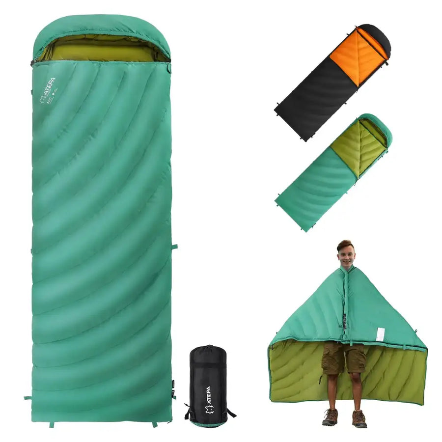 Teal and olive green atepa sleeping bag with quilted design and black compression sack