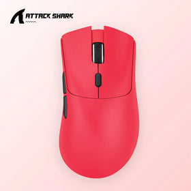 Red attack shark gaming mouse with black scroll wheel and side buttons.