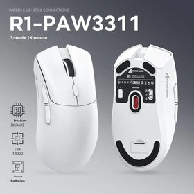 White r1-paw3311 gaming mouse with black accents and a red led light on the underside