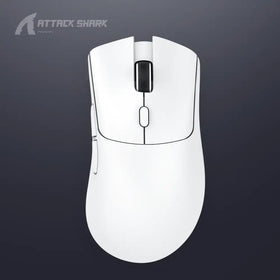 White attack shark gaming mouse with a sleek, ergonomic design and black textured scroll wheel.