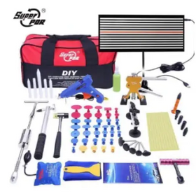 Red and black super car diy car body repair kit with a heat lamp, clamps, suction cups, tools, and adhesive materials.