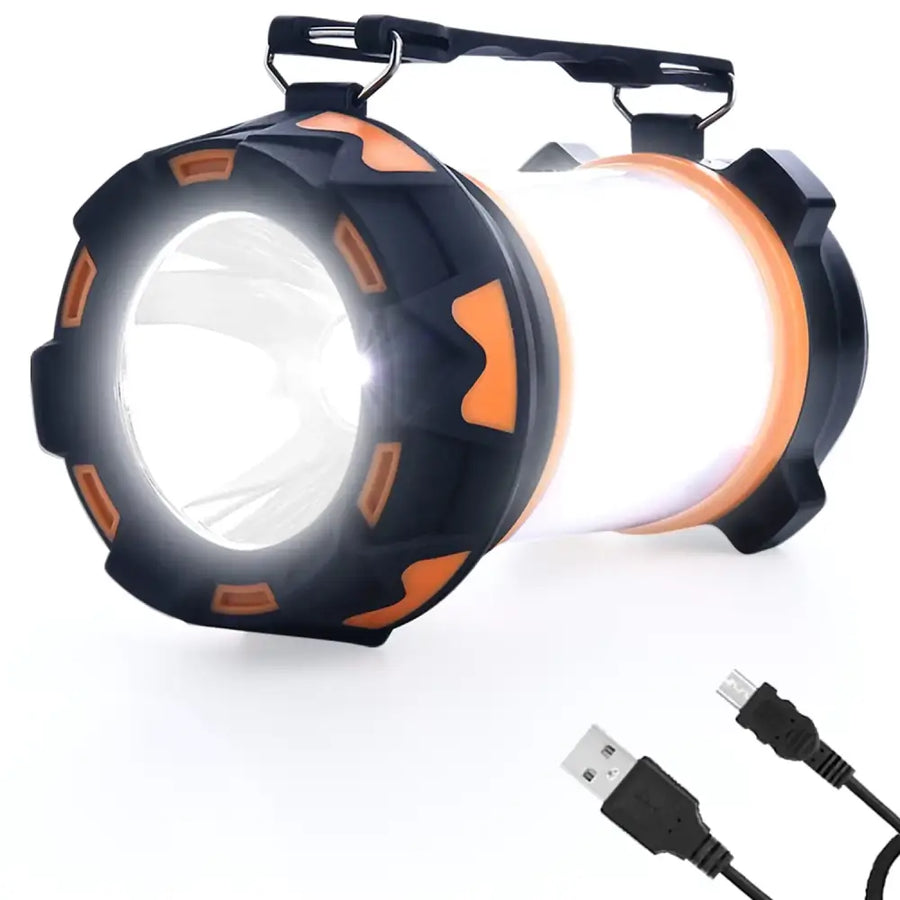 Black and orange rugged camping lantern with a sturdy handle, featuring a bright white led light.