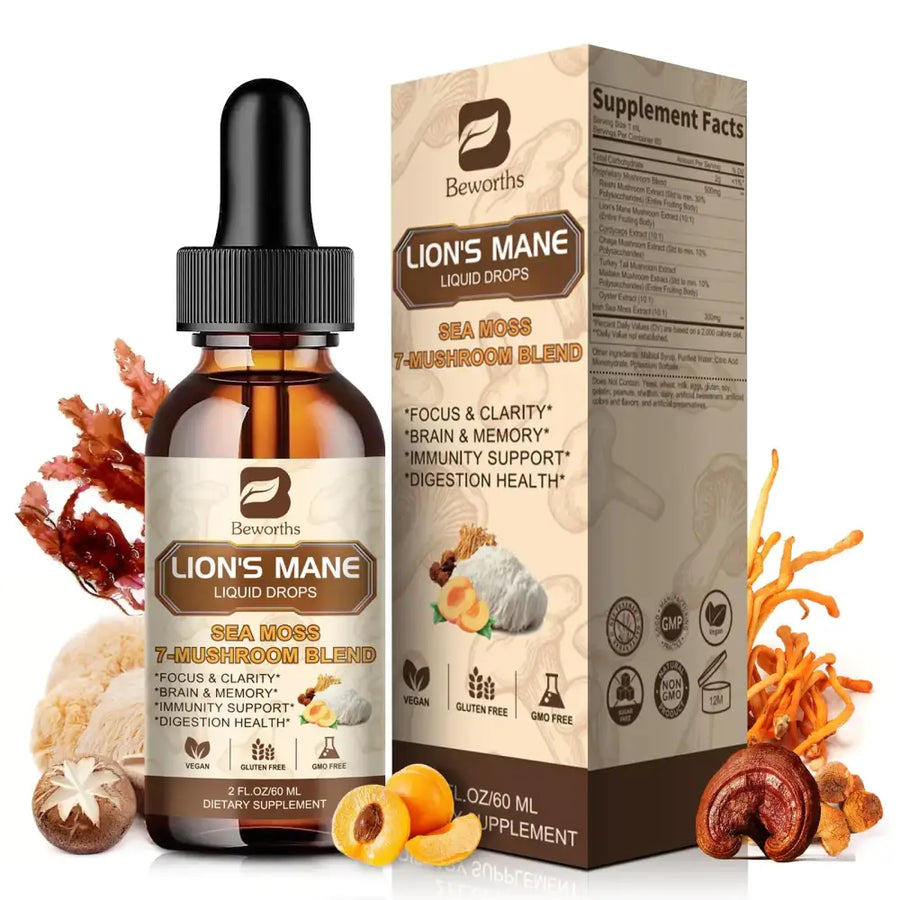 Beworths lion’s mane liquid drops in a dark amber glass bottle with a black dropper cap, featuring a beige and brown label that highlights its sea moss 7-mushroom blend.