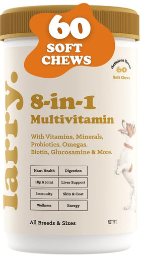 Larry 8-in-1 Multivitamin Dog | Heart Digestion Liver Skin Coat & Joint Support for Dogs | Dog Vitamins with Vitamins Minerals Omegas & Glucosamine Chondroitin | 60 Soft Chews