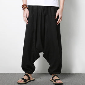 Men's Cotton Linen Loose Casual Harem Pants (Large)