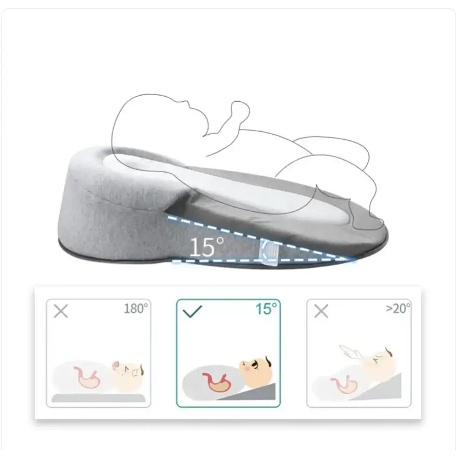 Gray wedge-shaped baby sleep positioner with a soft, cushioned surface designed to support an infant at a 15-degree incline.