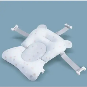 White star-patterned baby bath seat with soft fabric and adjustable straps.