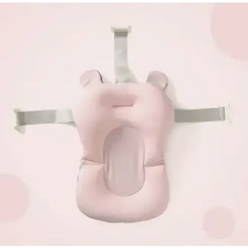 Pink inflatable baby bath support with soft, rounded ears and adjustable gray straps.
