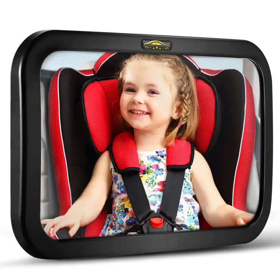 Black rectangular car seat mirror with a glossy finish and rounded corners, featuring a small yellow logo at the top center.