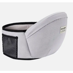 Light gray fabric baby carrier with black mesh side pocket and trim.