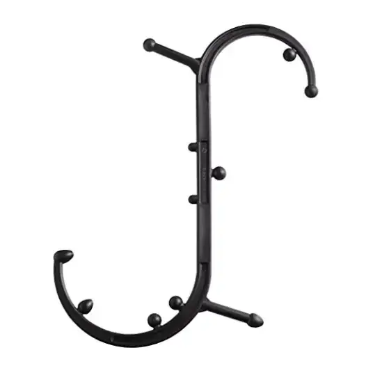 Black metal coat rack with curved design and multiple hooks.