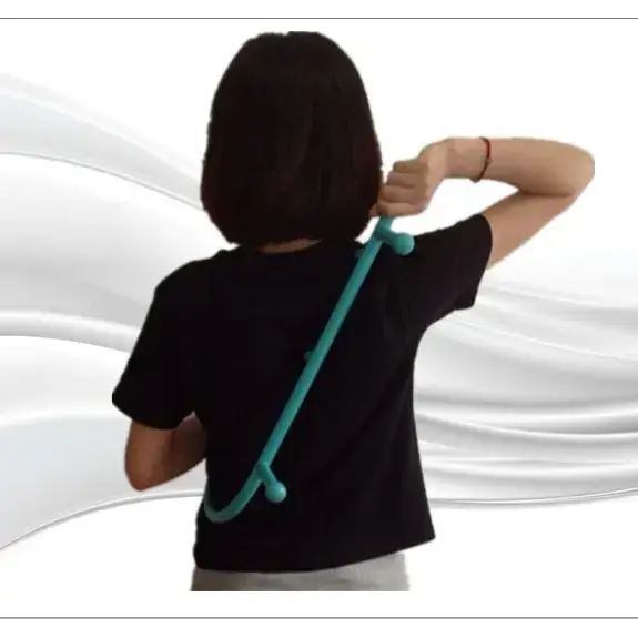 Teal-colored, flexible back massage stick with rounded ends and evenly spaced nodes along its length.