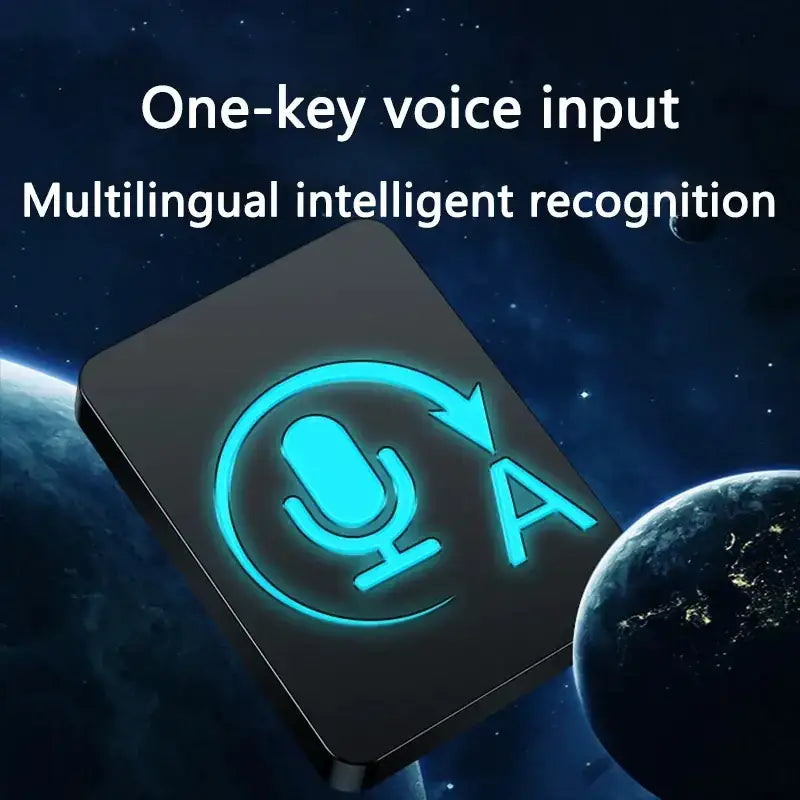 Black rectangular device with a glowing blue microphone and speech-to-text icon.