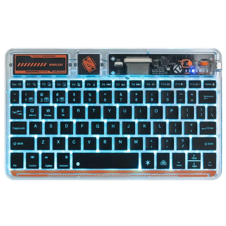 Transparent blue-backlit wireless keyboard with black keys and orange branding accents.