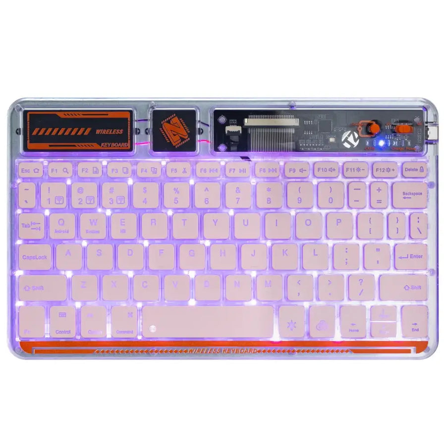 Transparent acrylic wireless keyboard with glowing purple backlighting and orange branding accents.
