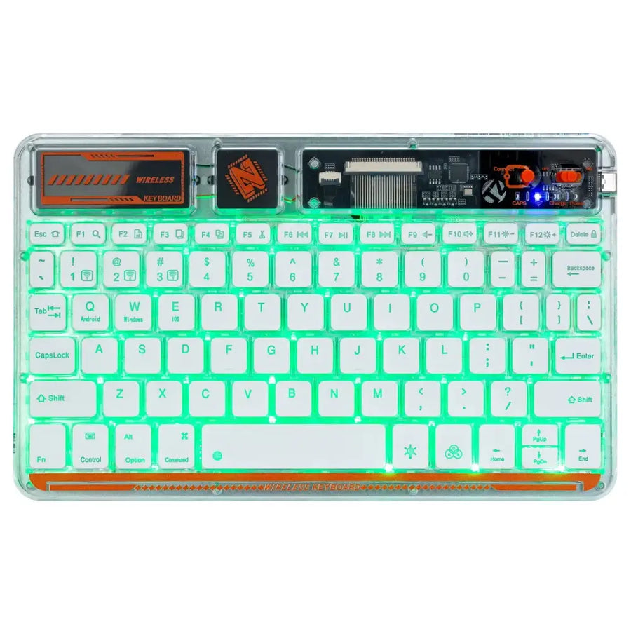 Transparent wireless keyboard with glowing green backlighting and orange accents on the frame and control panel.