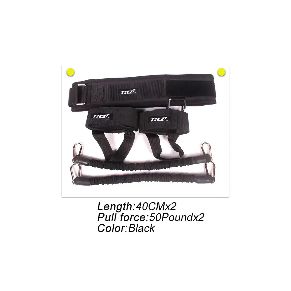 Black nci resistance band and strap set with two 50-pound pull bands.