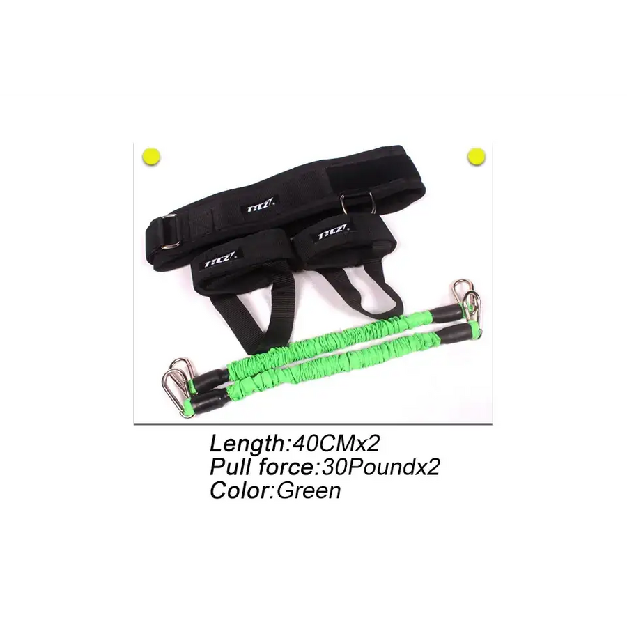 Black ttec resistance training belt with two green elastic straps, each featuring metal carabiners and measuring 40cm in length.