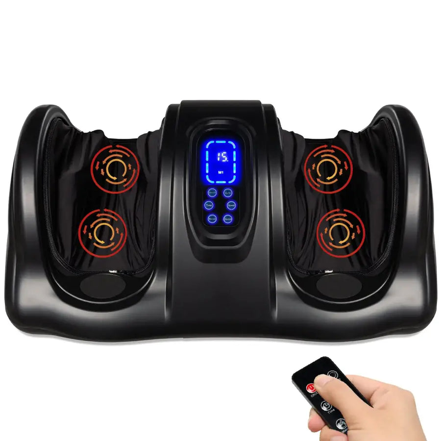 Black foot massage machine with a digital display and control panel, featuring red circular icons on each side for massaging the feet.