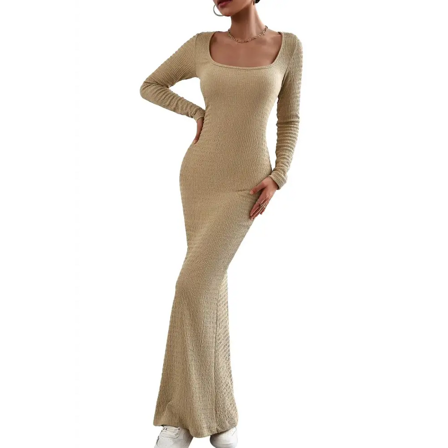 Beige ribbed long-sleeve mermaid dress with a square neckline.