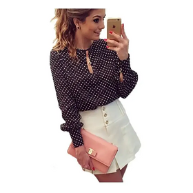 Black Polka Dot Chiffon Long Sleeve Women's Shirt