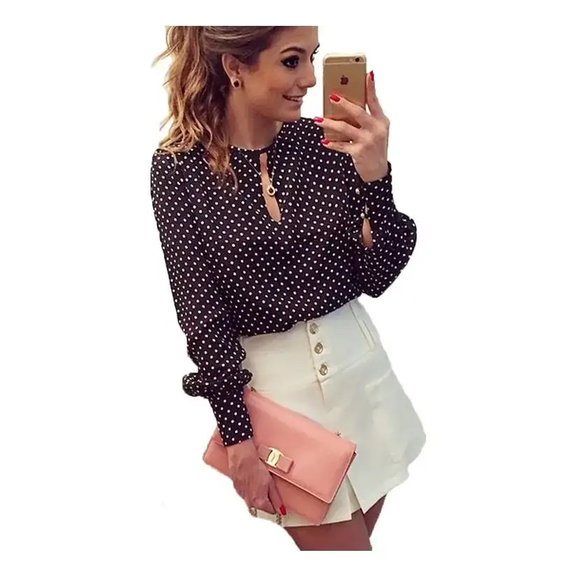 Black Polka Dot Chiffon Long Sleeve Women's Shirt