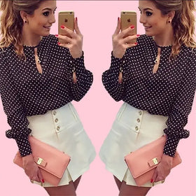 Black Polka Dot Chiffon Long Sleeve Women's Shirt
