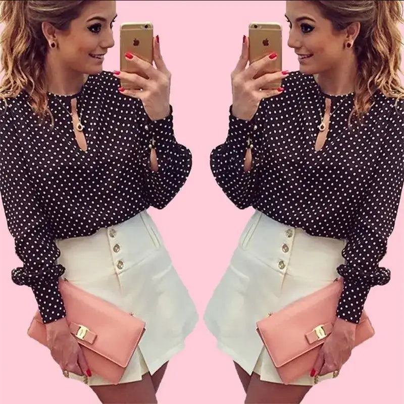 Black Polka Dot Chiffon Long Sleeve Women's Shirt