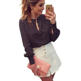 Black Polka Dot Chiffon Long Sleeve Women's Shirt