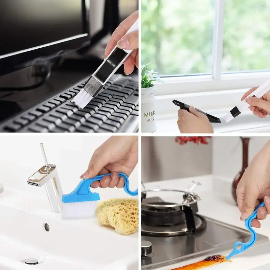 Blue plastic-handled cleaning brush with white bristles and a curved design for reaching tight spaces.