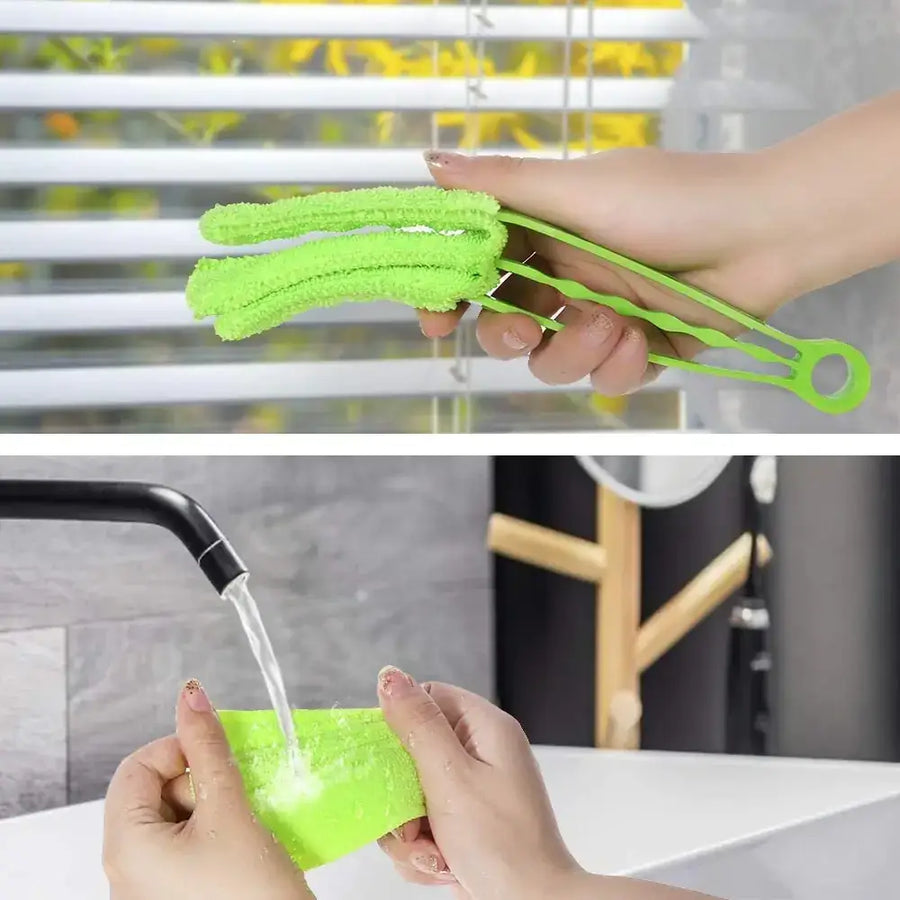 Bright green, soft-textured microfiber cleaning tool with a flexible handle and loop for hanging.