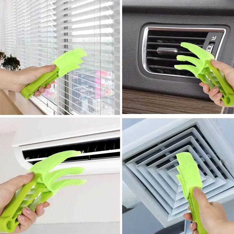 Bright lime green plastic cleaning tool with soft, fuzzy bristles designed for reaching into tight spaces like window blinds and car vents.