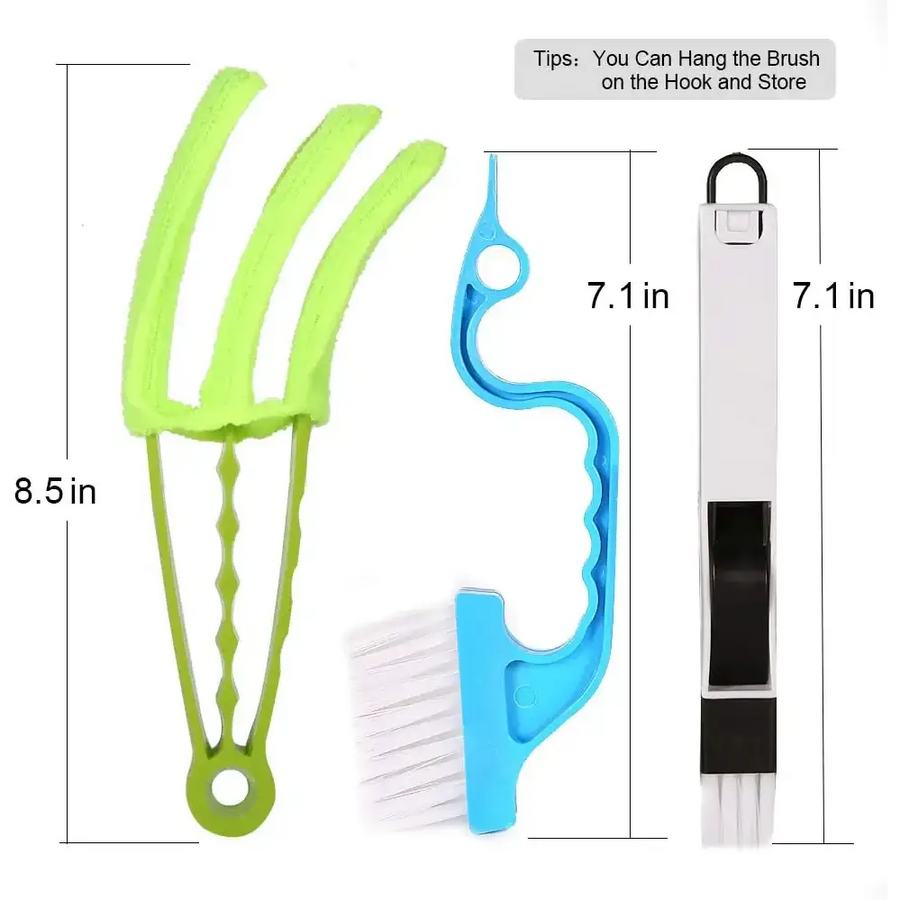 Set of three colorful plastic cleaning brushes with flexible bristles and ergonomic handles in lime green, blue, and white.